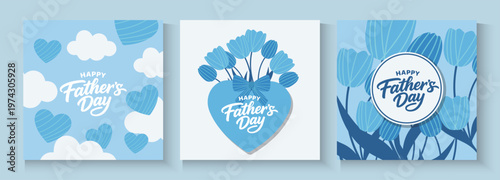 Set of Father's Day greeting cards with Light blue Argyle pattern. Father's Day poster in modern style With blue ribbons, flowers, Tulips and heart. 