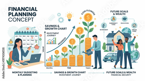 Personal Finance and Wealth Management Infographic, Investment Growth and Financial Planning Journey Vector