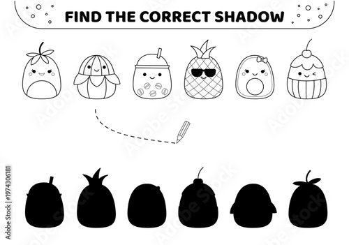 Fuits and sweets. Black and white. Find the correct shadow. Shadow matching game. Isolated vector illustration eps 10
