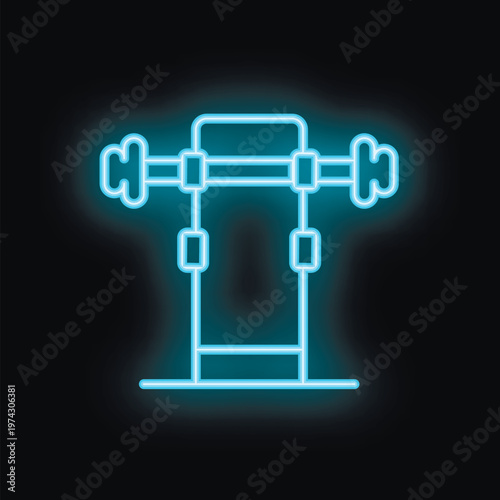 Neon blue icon of a bench press glowing on a black background