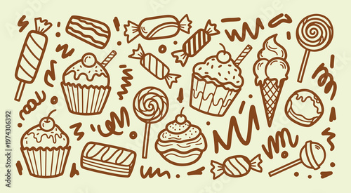 Set of hand drawn confectionery doodles featuring cupcakes lollipops and assorted candies in a whimsical vector line art style