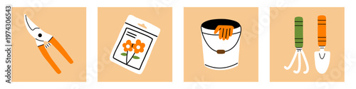 Vector gardening, farm and agriculture clipart of pruning shear, flower seed packet, metal bucket with glove, small hand tools on soft. Spring posters for cute nursery and eco home project.