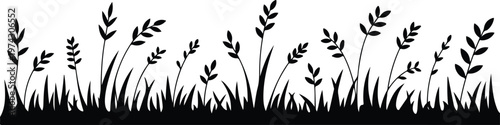 Hand drawn minimal meadow grass illustration forming seamless repeating border with delicate stalks leaves and natural organic flow composition