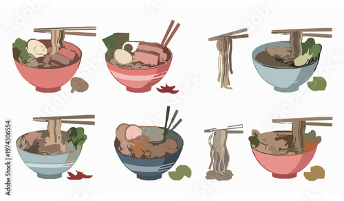 Stylized noodle bowls vector set – six variations with chopsticks and garnishes