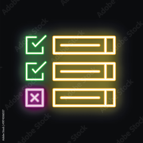 Bright neon checklist showing two check marks and one cross mark on a dark background