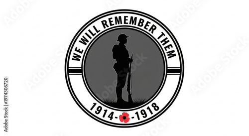 A black and white vector graphic illustration of a soldier silhouette in a circular badge with a poppy and remembrance text