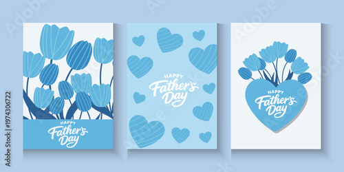 Set of Father's Day greeting cards with Light blue Argyle pattern. Father's Day poster in modern style With blue ribbons, flowers, Tulips and heart. 
