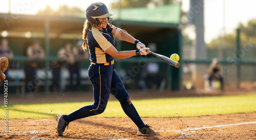 A female softball player in a blue and gold uniform swings at a pitch during a game. 