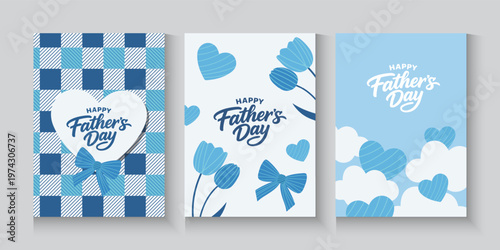Set of Father's Day greeting cards with Light blue Argyle pattern. Father's Day poster in modern style With blue ribbons, flowers, Tulips and heart. 
