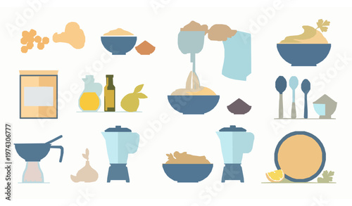 Hummus preparation and ingredients vector set – flat design food illustration