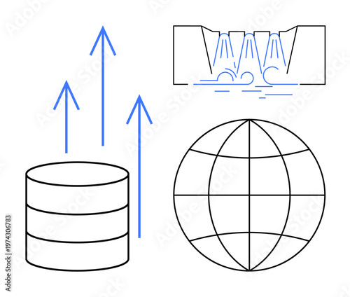 Data management, cloud computing, energy efficiency, global networks, hydro energy, technological innovation. Icons data storage, arrows a globe and a water energy concept. Data management