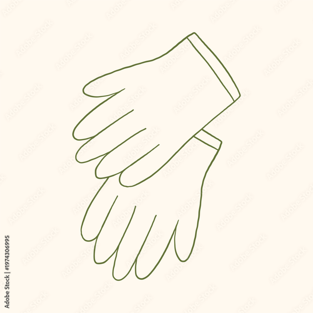 Obraz premium Vector hand drawn gardening illustration pair of glove in minimalist line art style. Doodle outline gloves for safety sign, cleaning theme, sticker. Farming and agricultural cute monochrome clipart.