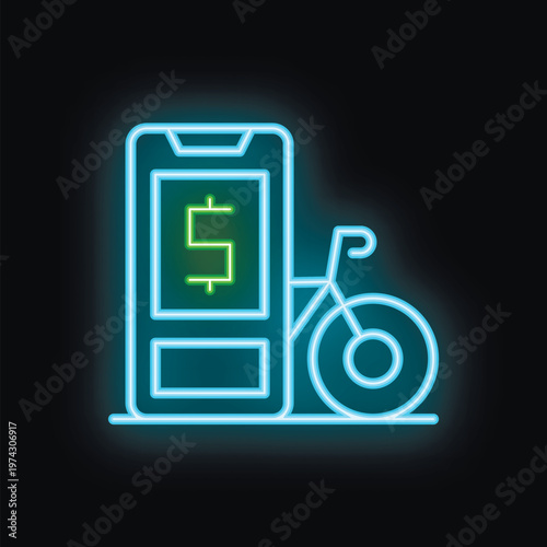 Neon sign illustrating a smartphone displaying a bike rental app with a dollar symbol, evoking the concept of online payment for urban mobility