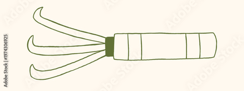 Vector doodle illustration garden cultivator handle three metal prongs. Minimalist hand drawn outline design suitable gardening tool icons. Farming and agricultural cute monochrome clipart.
