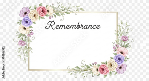 A floral vector graphic illustration of a remembrance frame with a transparent background