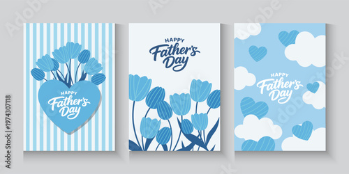 Set of Father's Day greeting cards with Light blue Argyle pattern. Father's Day poster in modern style With blue ribbons, flowers, Tulips and heart. 