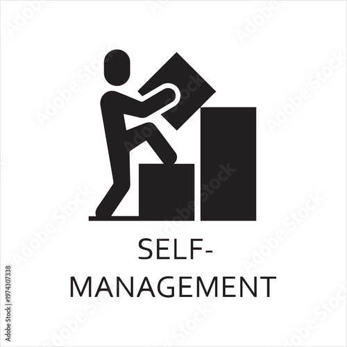 Vector black flat icon self-management as man builds graph
