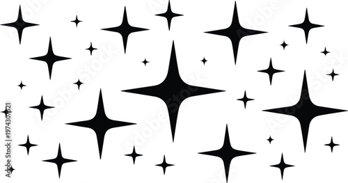Minimalist black and white star pattern design featuring scattered five and six point stars with dynamic celestial composition