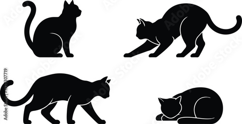 Minimalist black and white illustration set of four cat silhouettes in 2x2 grid showing varied sitting crouching walking resting poses
