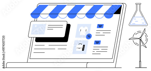 Online shopping, digital marketplaces, e-commerce design, renewable energy, sustainability, technology innovation. Laptop screen with storefront interface. Online shopping and renewable energy