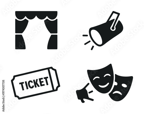 Theater icons: curtain, spotlight, ticket, masks - symbols of the performing arts