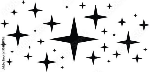 Minimalist black and white star pattern design featuring scattered five and six point stars with dynamic celestial composition