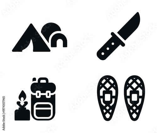 Outdoor adventure symbols: tent, knife, backpack with fire, snowshoes icons