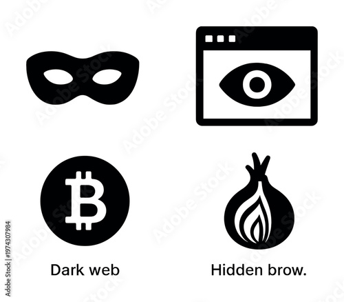 Dark web icons: mask, eye, bitcoin, and onion for privacy and anonymity