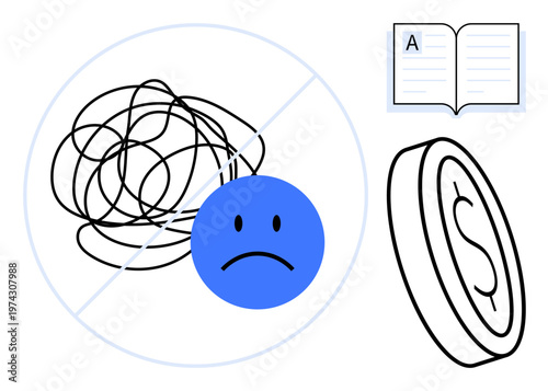 Financial literacy, mental health, personal finance, budgeting, stress management, learning. Sad face with tangled lines, book and dollar coin. Financial literacy and mental health