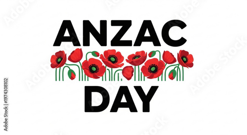 A vector graphic illustration of ANZAC Day with red poppies and bold black text on a white background