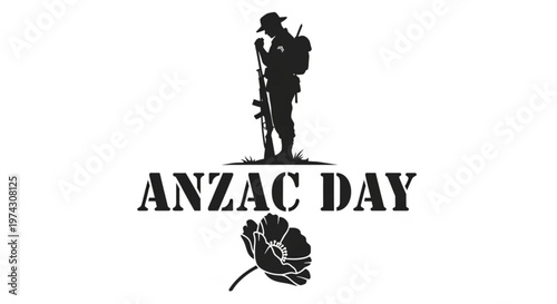 A black silhouette of a soldier on Anzac Day with a poppy flower