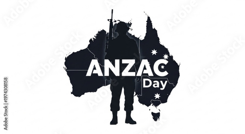 A black silhouette of a soldier standing on a map of Australia with the words ANZAC Day written in white, commemorating a national day of remembrance.
