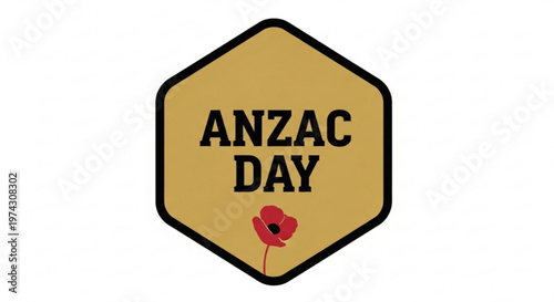 A vector graphic illustration of an ANZAC Day badge with a red poppy on a yellow background