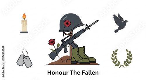 A vector graphic illustration honouring fallen soldiers with a helmet, rifle, and memorial symbols
