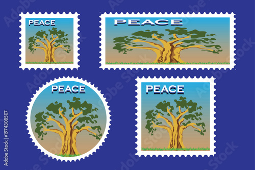 A collection of peace stamps featuring a tree on a blue background