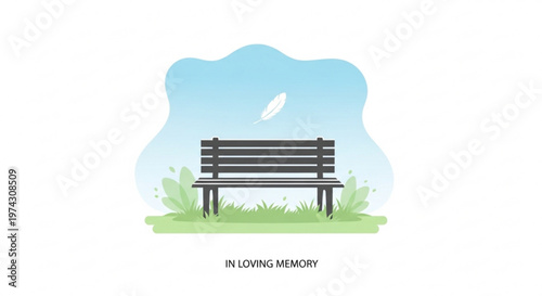 A minimalist vector graphic illustration of a memorial bench in a park with a feather floating in the sky