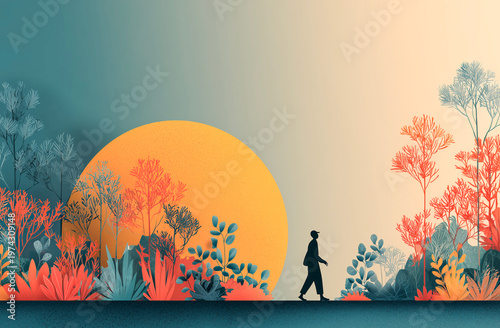 Silhouette of a woman walking in the forest. Vector illustration.
