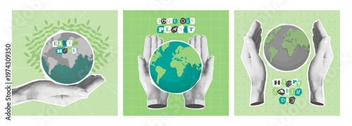 Earth day collage poster template set. Eco halftone contemporary background. Environment poster. Photo paper cut out hand with globe. Y2k style Earth hour, love out planet. Trendy newspaper elements