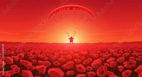 A Lone Paraglider Soars Above a Vast Crimson Poppy Field During a Fiery Sunset