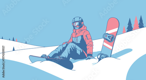 A Snowboarder Rests On A Snowy Hillside Amidst Pine Trees