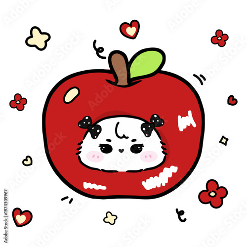 Cute cartoon puppy peeking from a red apple.