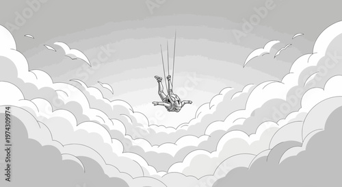 A Solo Skydiver Descends Through Puffy Clouds Surrounded by Flying Birds