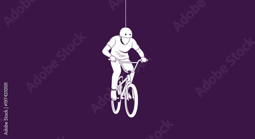 Abstract Artistic BMX Rider Suspended In Mid-Air Against Deep Purple Background Minimalist Line