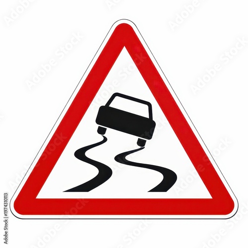 Slippery road ahead, Caution sign, Road safety guidance.