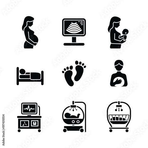 A set of black and white icons related to pregnancy and childbirth