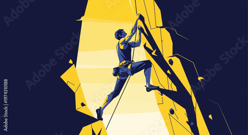 Abstract Climbing Man Ascending Rugged Rocky Face