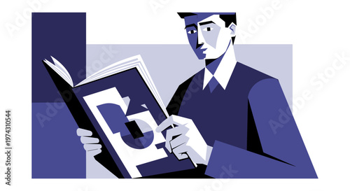 Businessman reading newspaper in blue monochromatic illustration for finance news