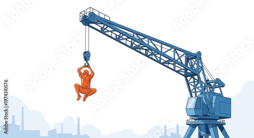 Abstract Worker Hangs From Industrial Crane Above City Skyline