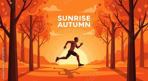 Active Man Running Through Autumn Forest At Sunrise