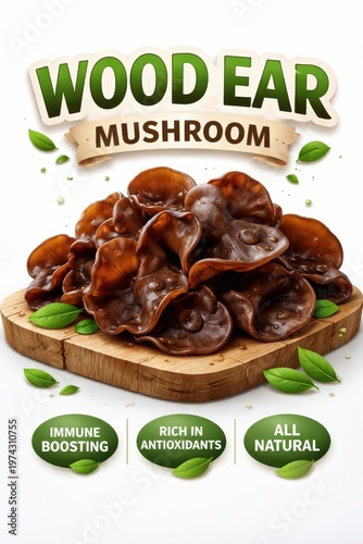 Wood ear mushroom on a wooden cutting board, with text about its benefits